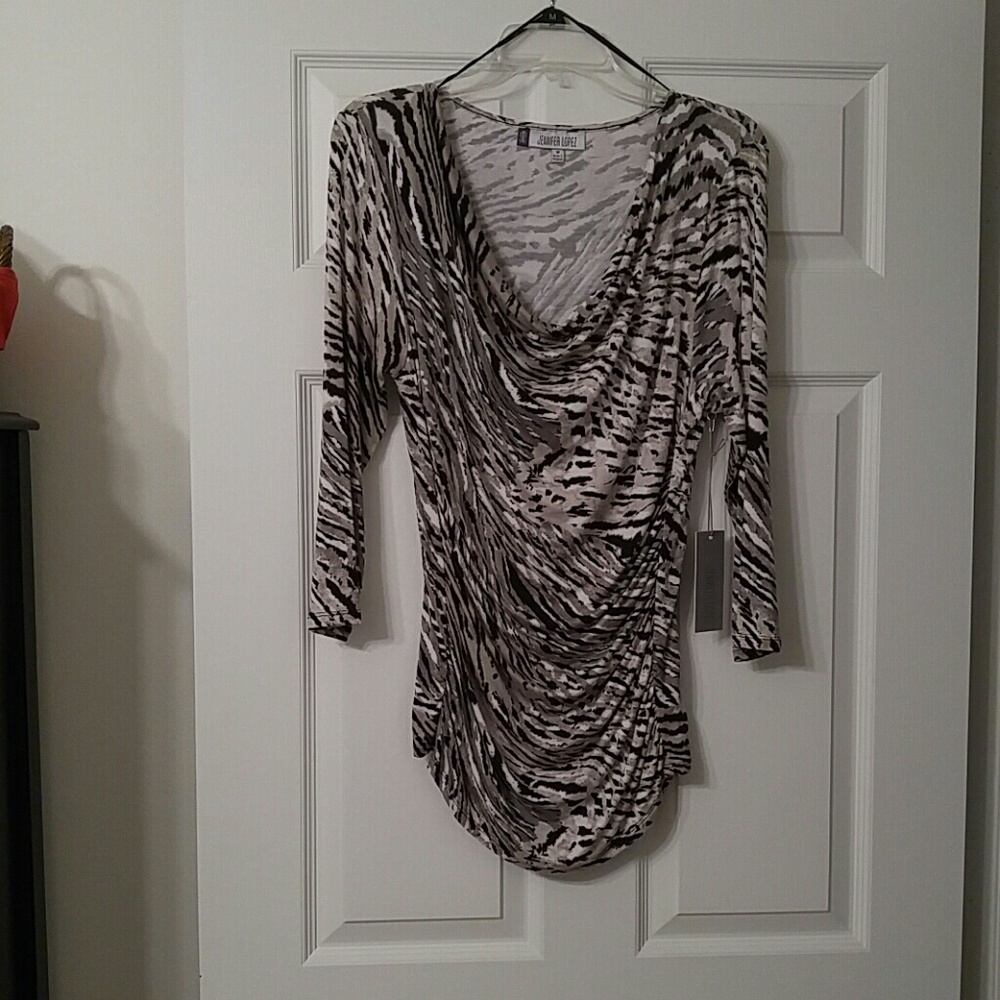 Jennifer Lopez Black and White Animal Print Drape Neck Top